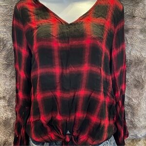 Small Plaid Flowy Blouse with Ties and Bell Sleeves